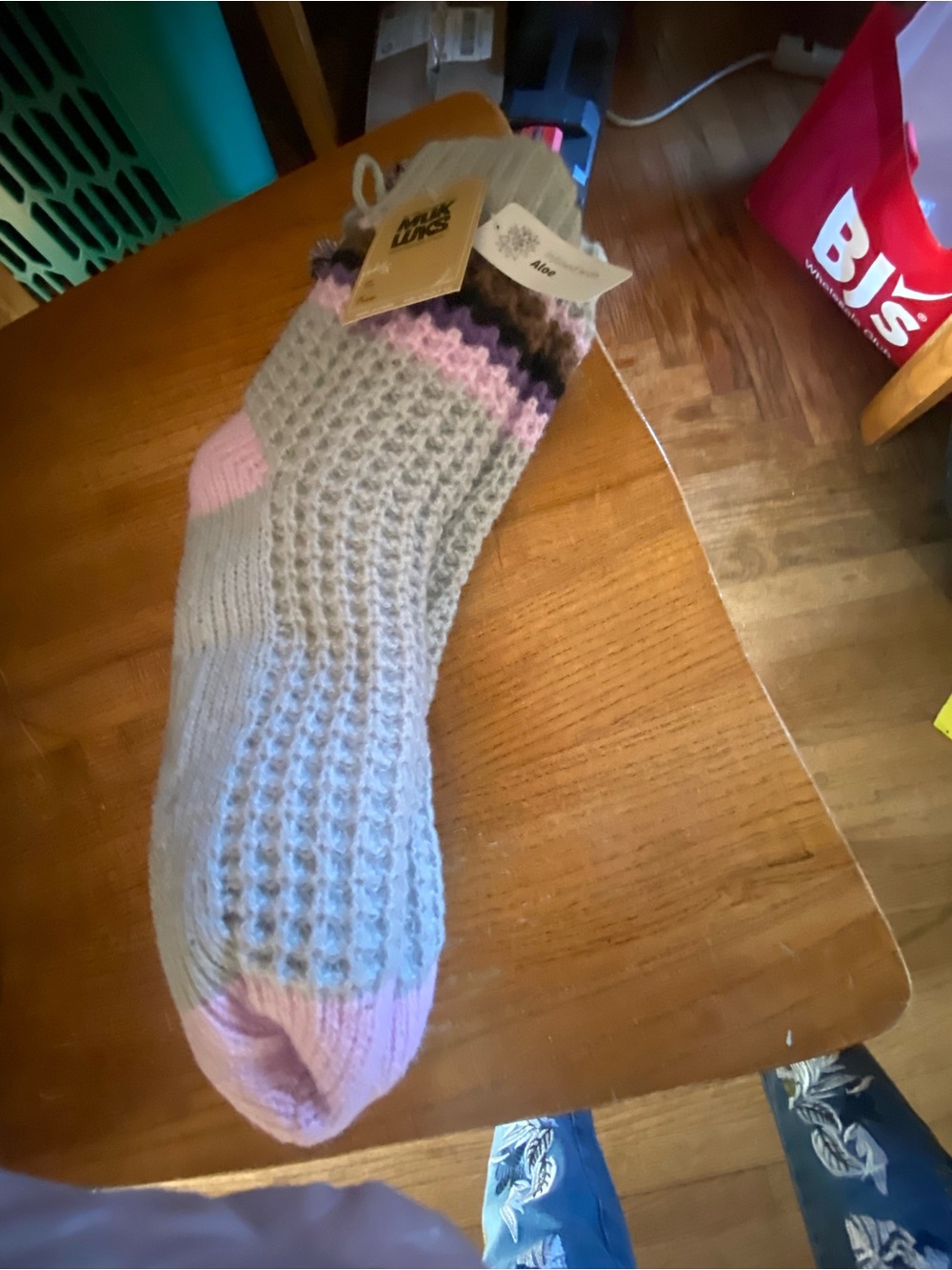Muk Luks Light Gray Crew Socks with Pink and Black Stripes